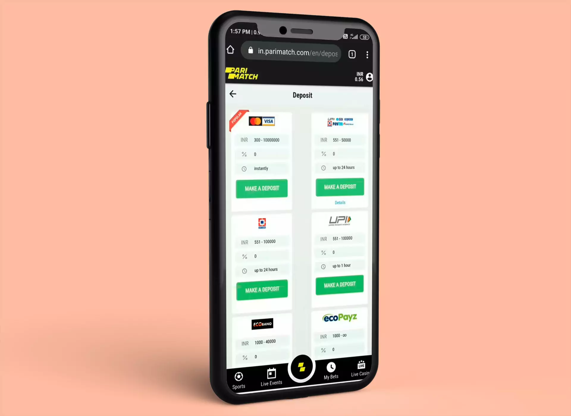 Parimatch offers a lot of popular Indian payment methods for depositing.