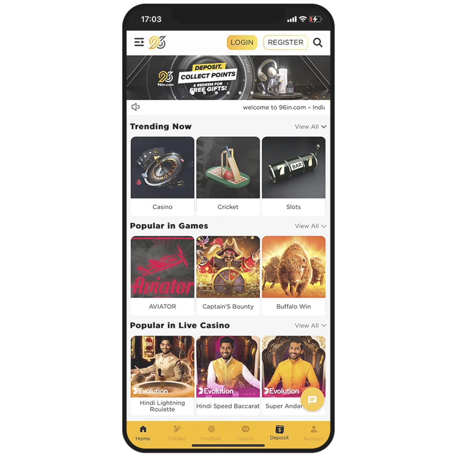 Bet on sports and play casino games with the 96in app.