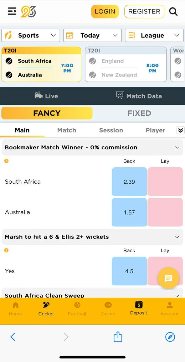 Place your sporting bets on the 96in mobile app.