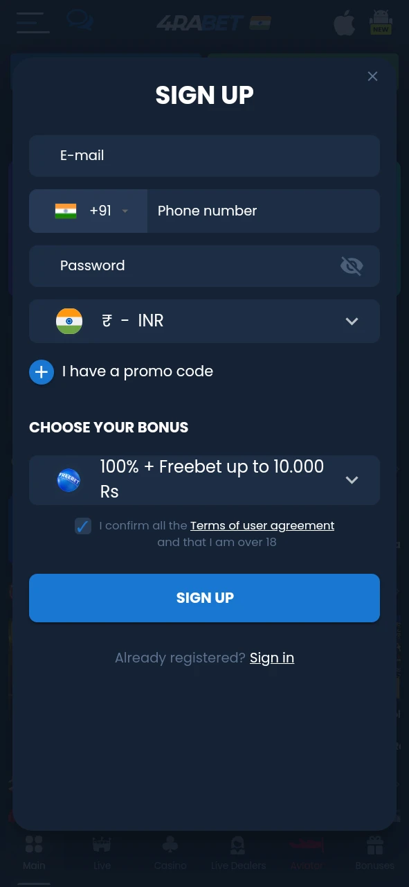 Open the 4Rabet app and log in to your account.