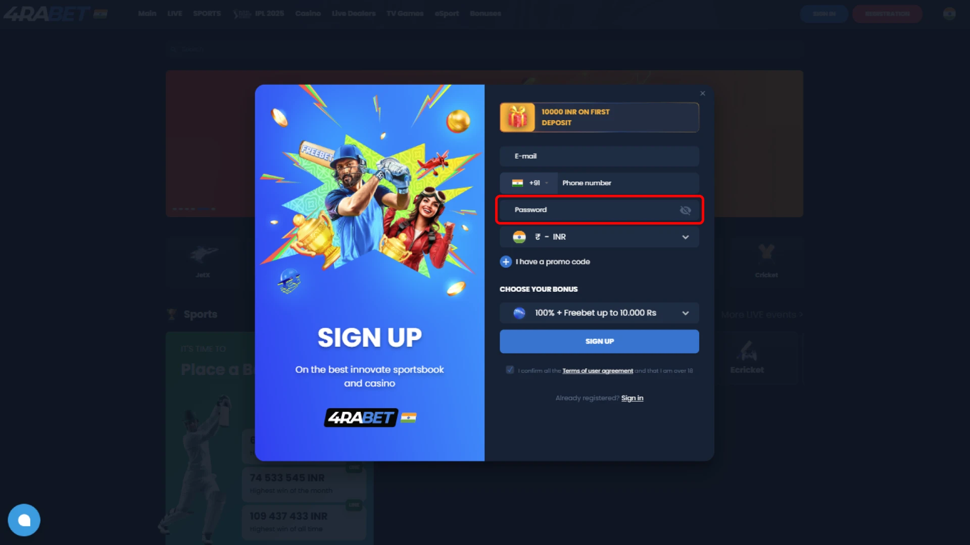 Generate a password during the sign-up procedure on 4rabet.