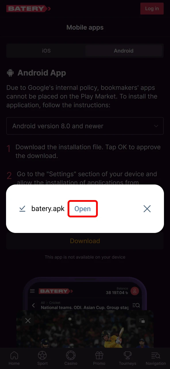 Open the Batery app and log in or complete registration to start betting.