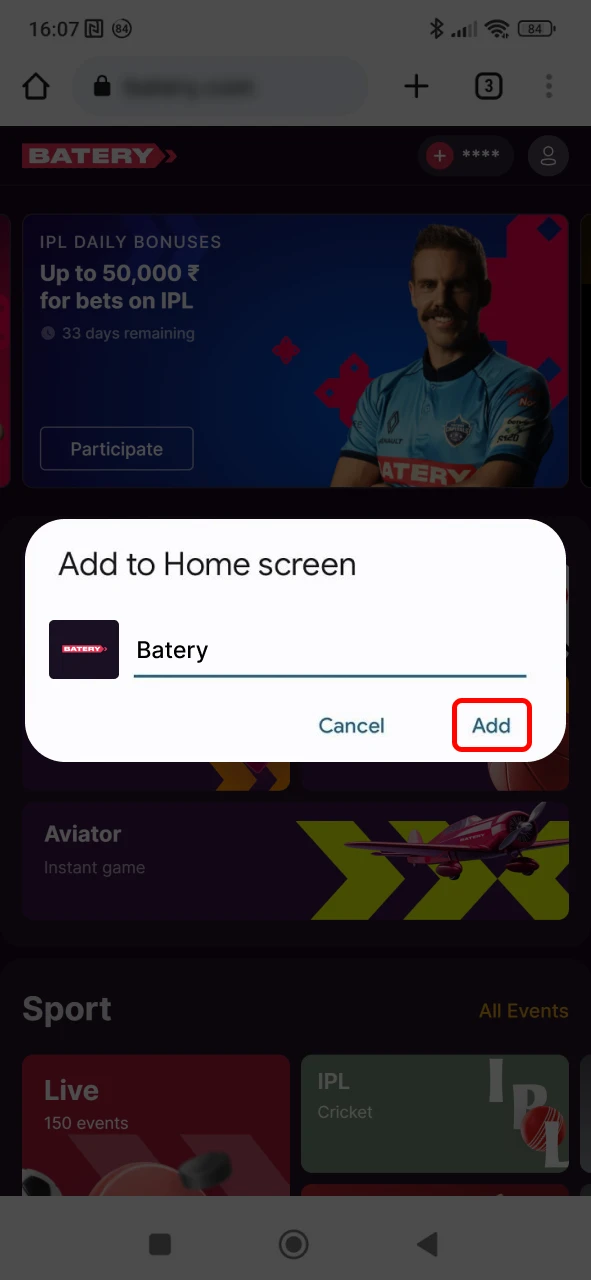 Confirm the installation of the Batery PWA app.