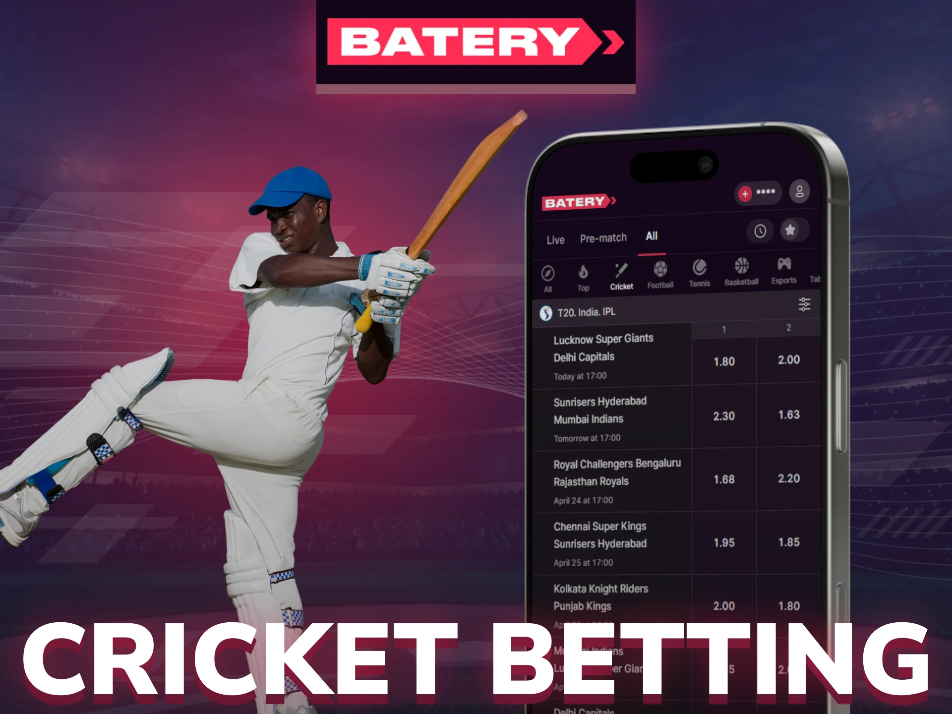 Place bets on cricket leagues directly through the Batery mobile app.