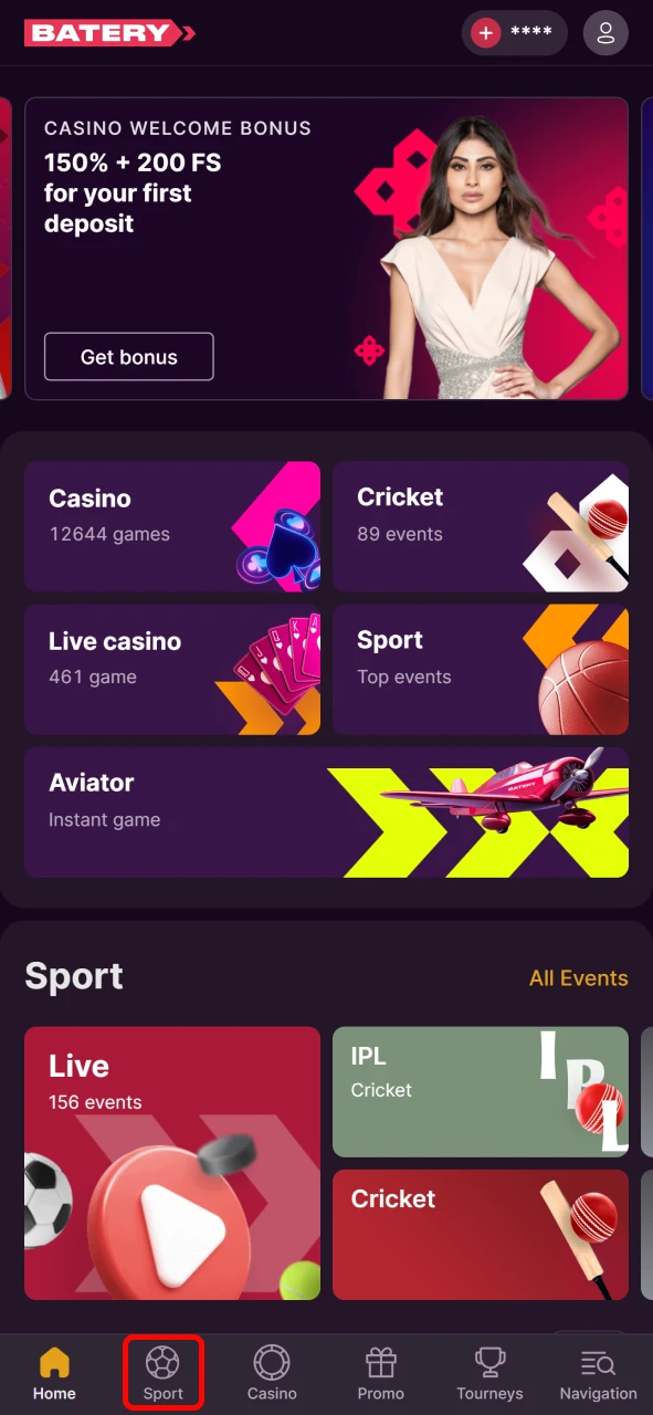 Navigate to the Sports section in the Batery app.