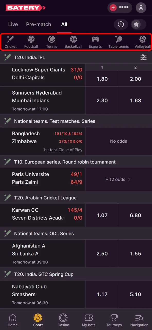 Pick your preferred sport for betting with Batery.