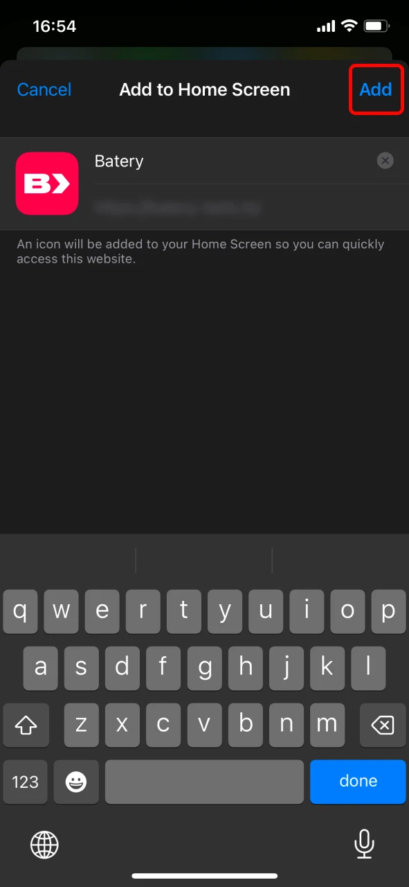 Tap Add to place the Batery app shortcut on your iOS home screen.