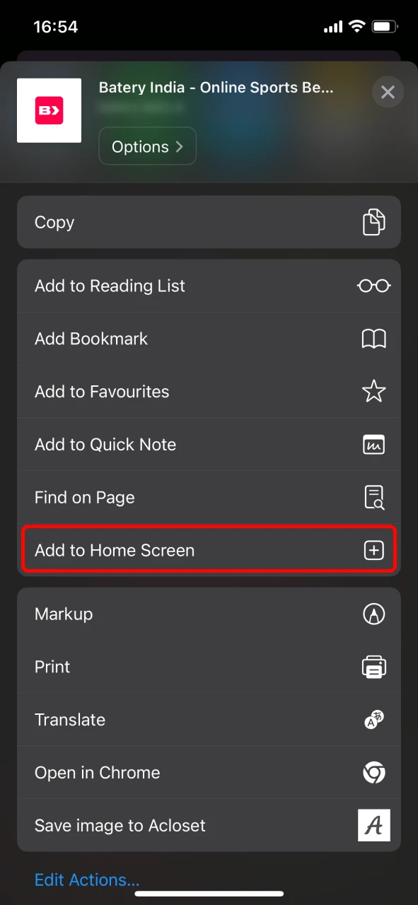 Choose Add to Home Screen to install Batery on your iPhone.
