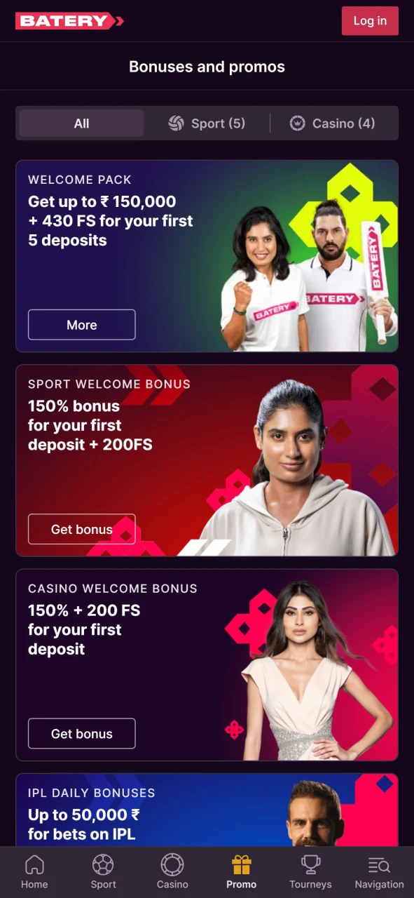 Claim bonuses in the Batery app after deposit or meeting conditions.