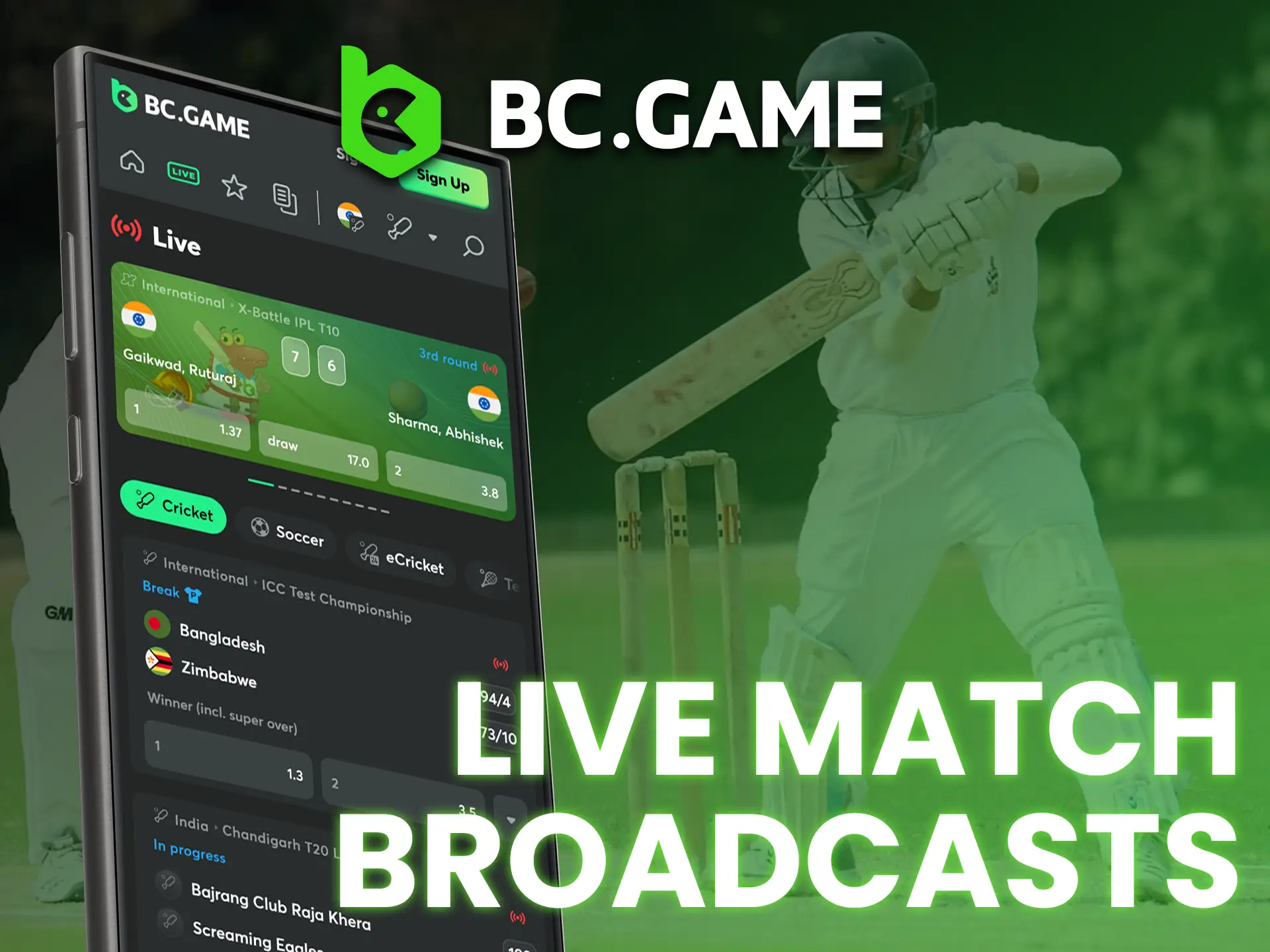 Watch live sports matches and place bets in the BC Game app.