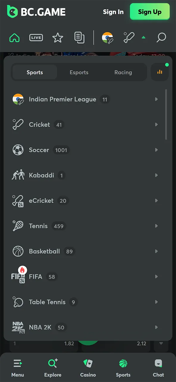 List of available BC Game sports.