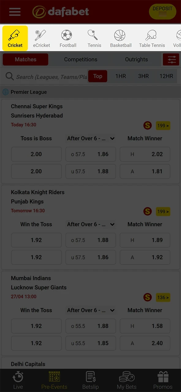 Select the sport of interest available on Dafabet.