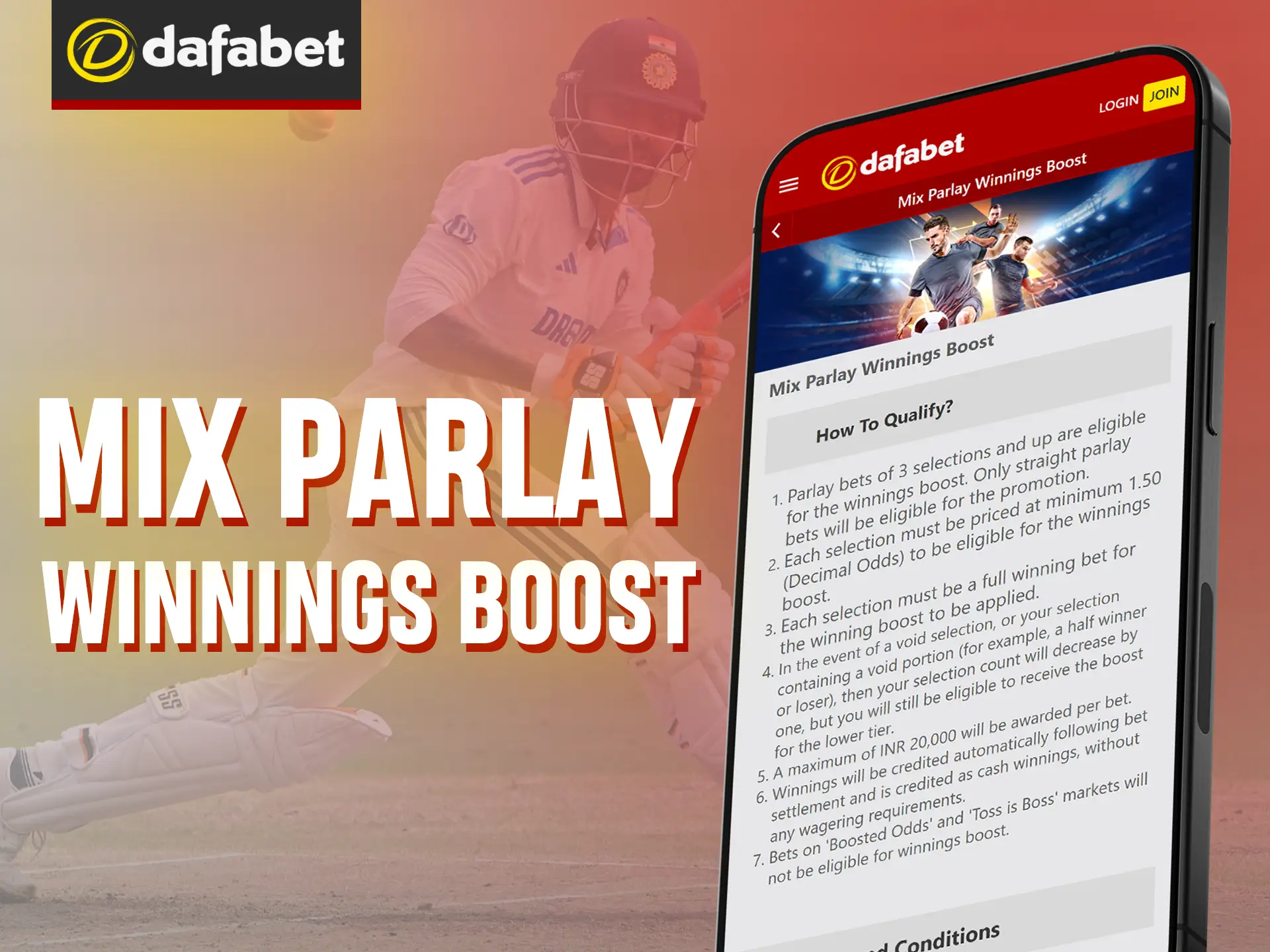 Get a winnings boost on 3+ selection parlays at Dafabet.