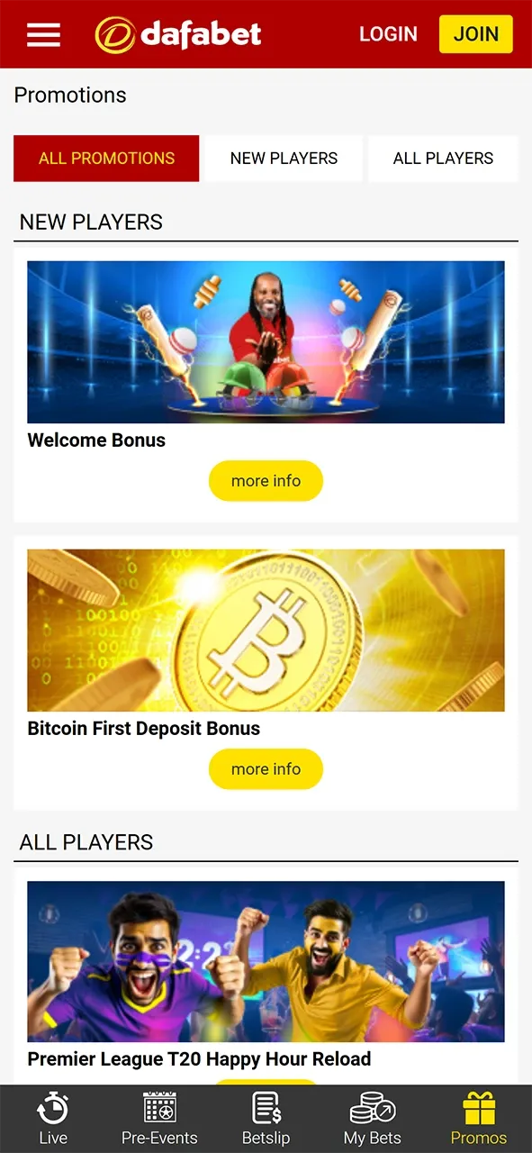 Bonuses and promotions section of the Dafabet app.