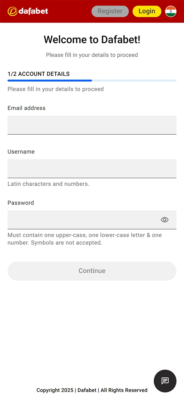 Dafabet app registration form.