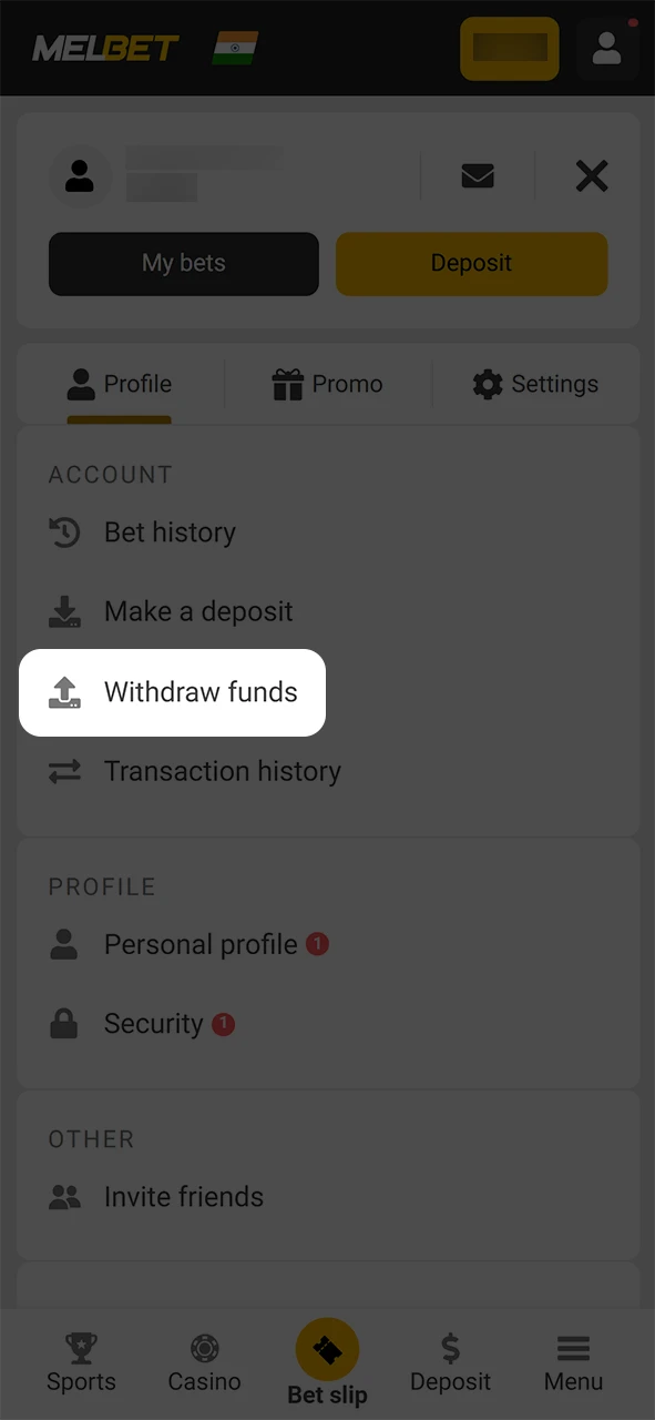 Go to your Melbet account and click on the withdrawal button.