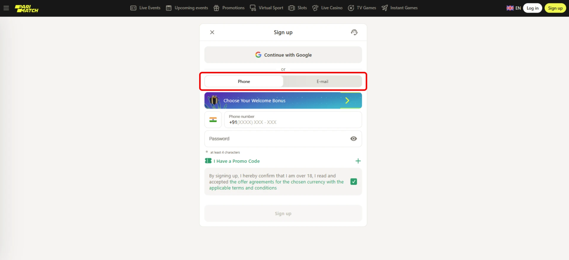 Choose your registration method on the Parimatch website.