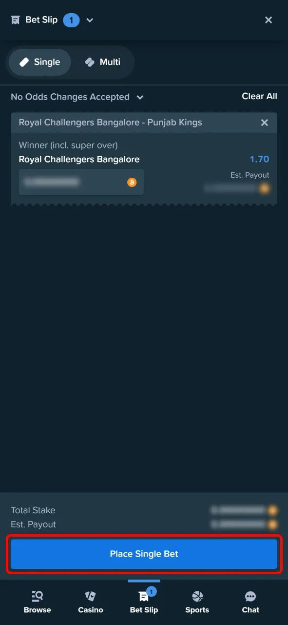 Confirm your bet to finalize the process in the Stake app.