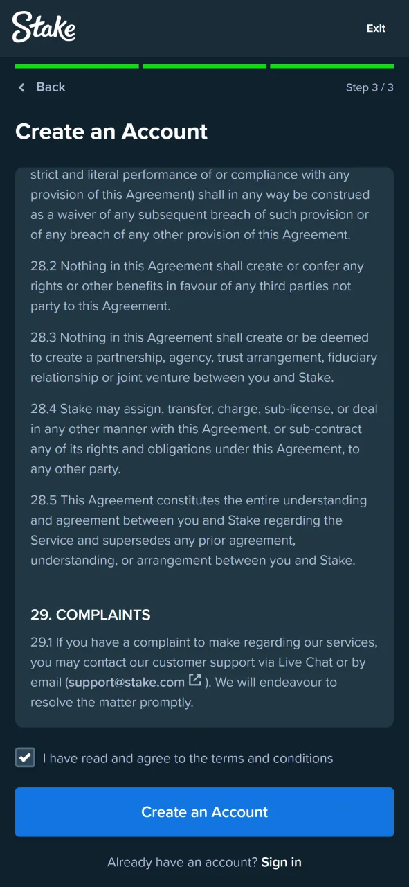 Complete the registration process to become eligible for a Stake bonus.