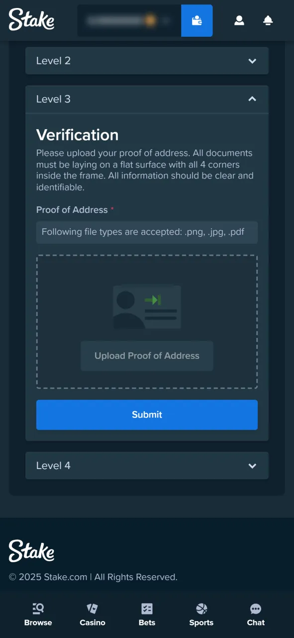 Submit proof of address to complete the verification on Stake.
