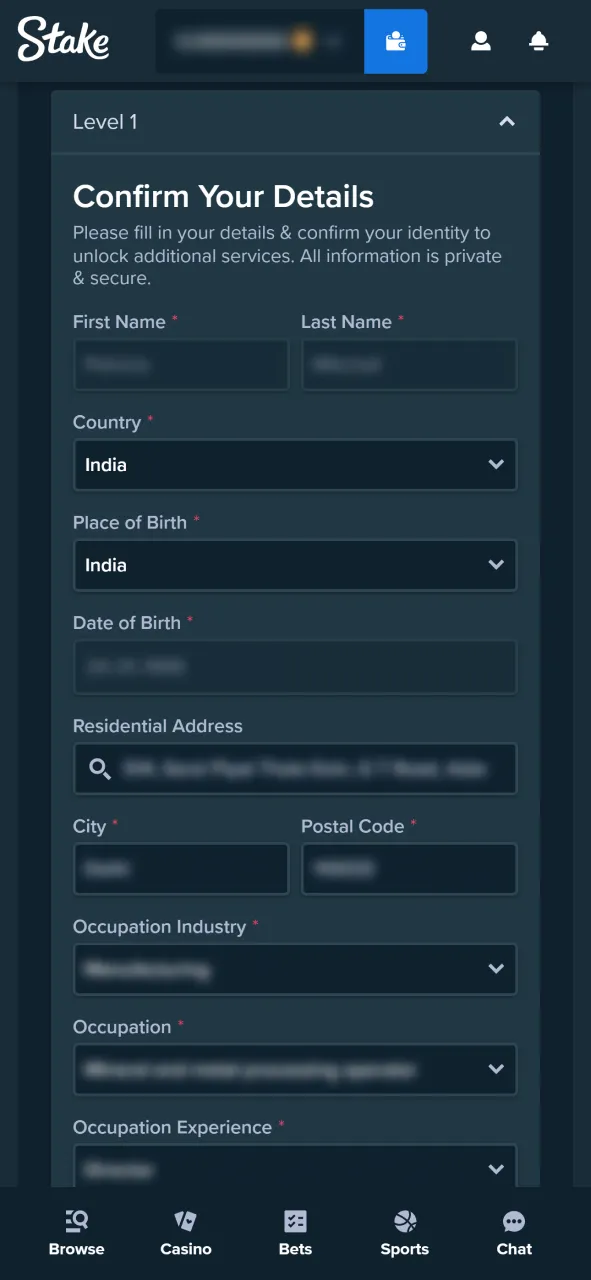 Confirm your personal details as requested by Stake for verification.