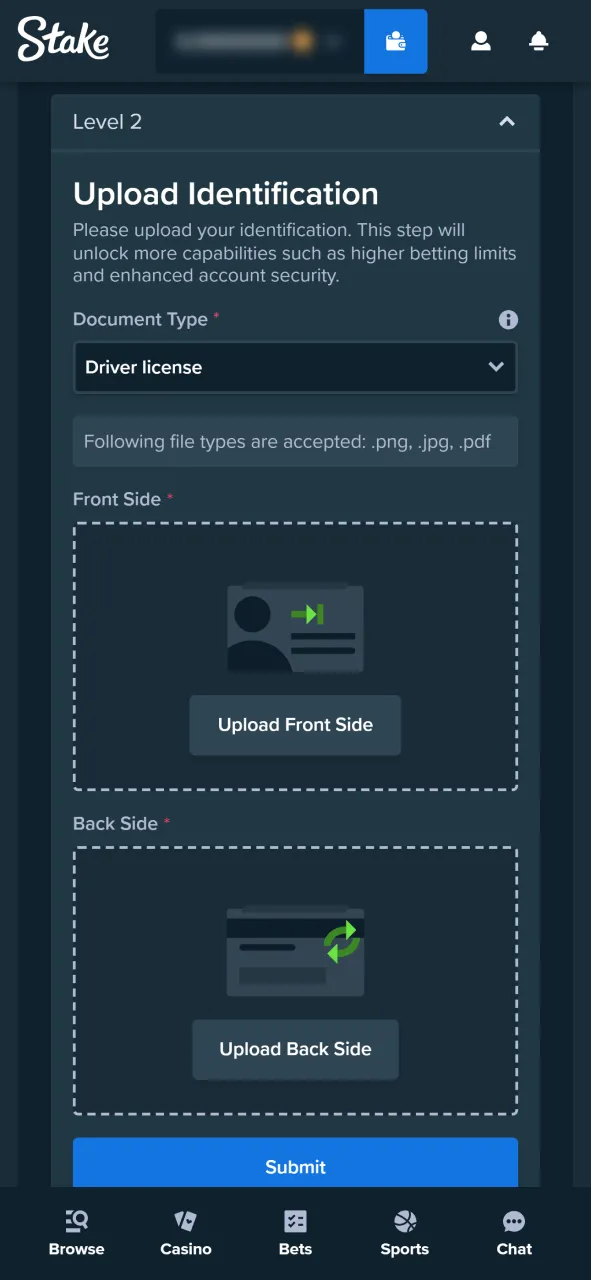 Upload a valid ID document for identity confirmation in the Stake app.