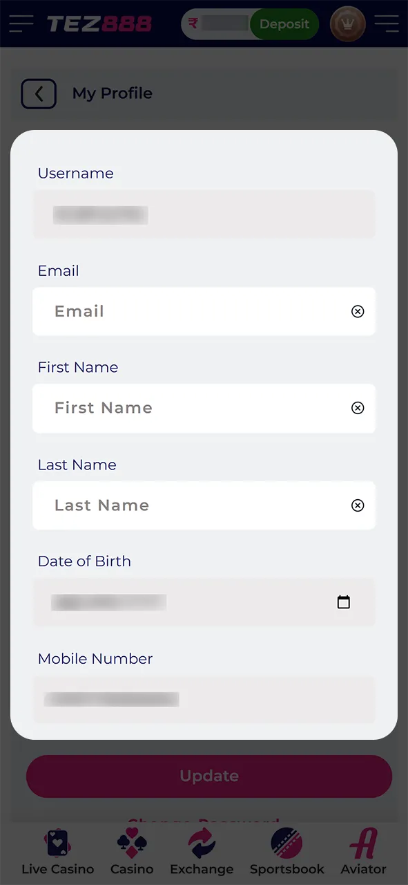 Fill out personal information in your Tez888 account.