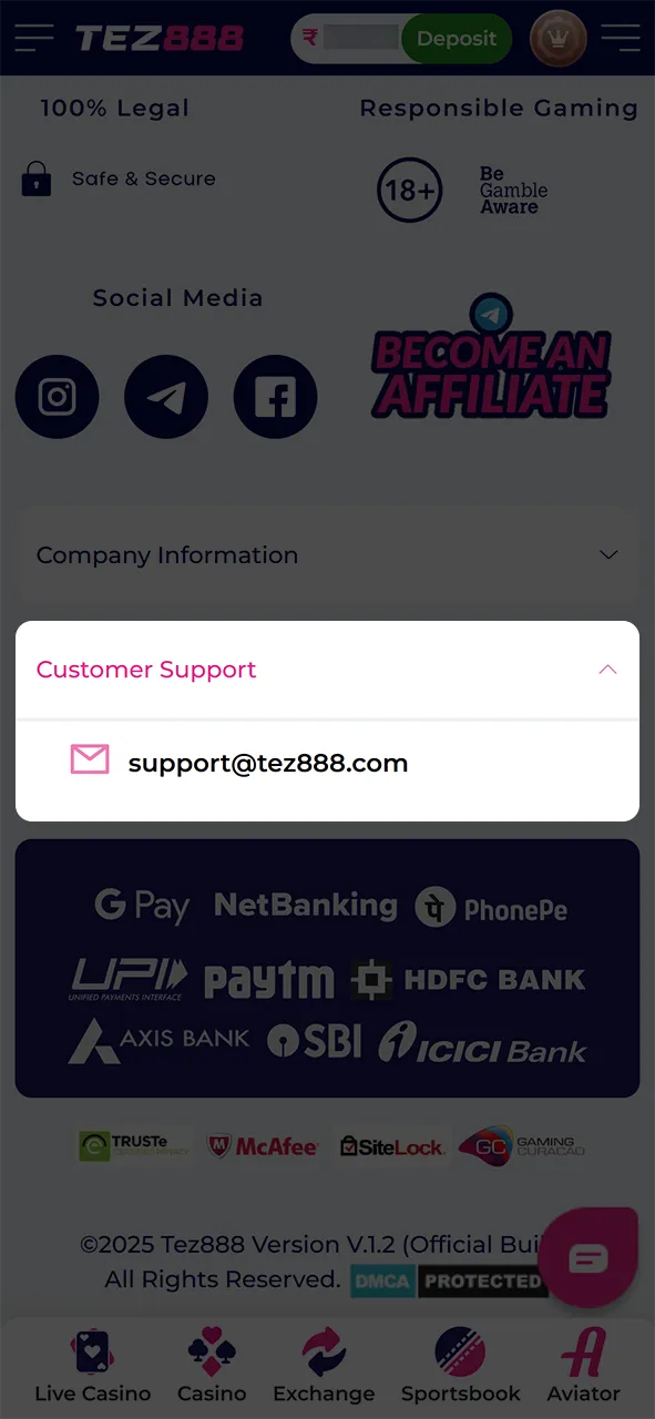 Contact Tez888 support if you have any problems.