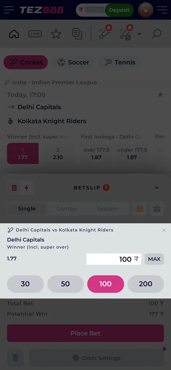 Enter the amount of the bet on Tez888.