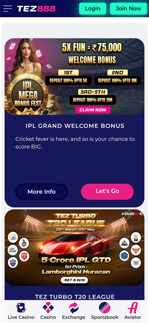 Bonuses and promotions section on Tez888.