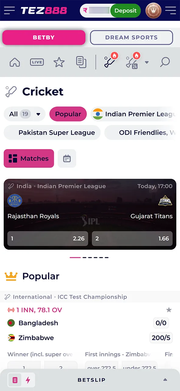 Cricket betting section at Tez888.