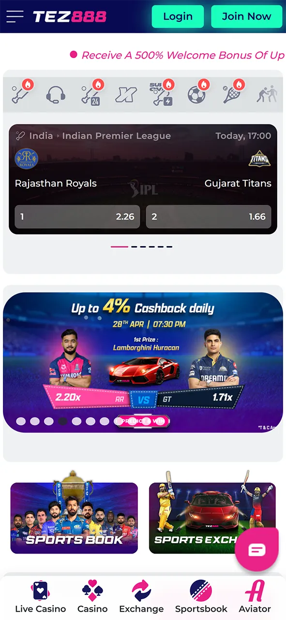 Tez888 platform home page.