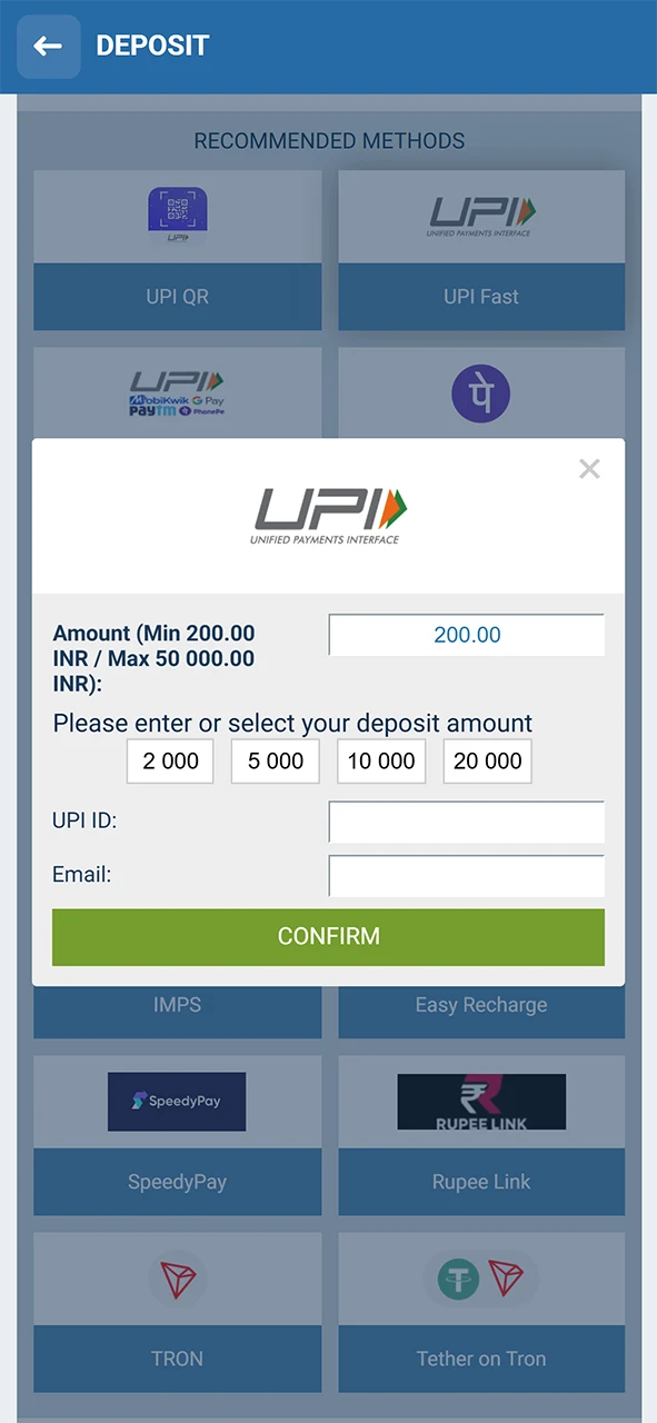 Enter the deposit amount for your 1xBet account and confirm it.