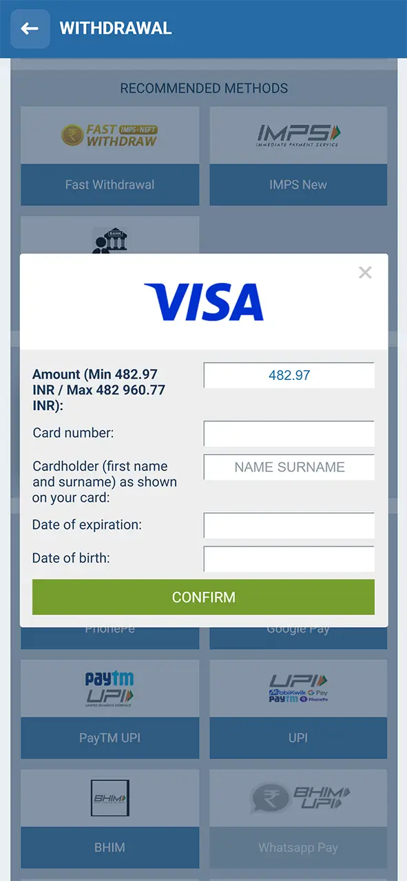 Enter the withdrawal amount from 1xBet and confirm.