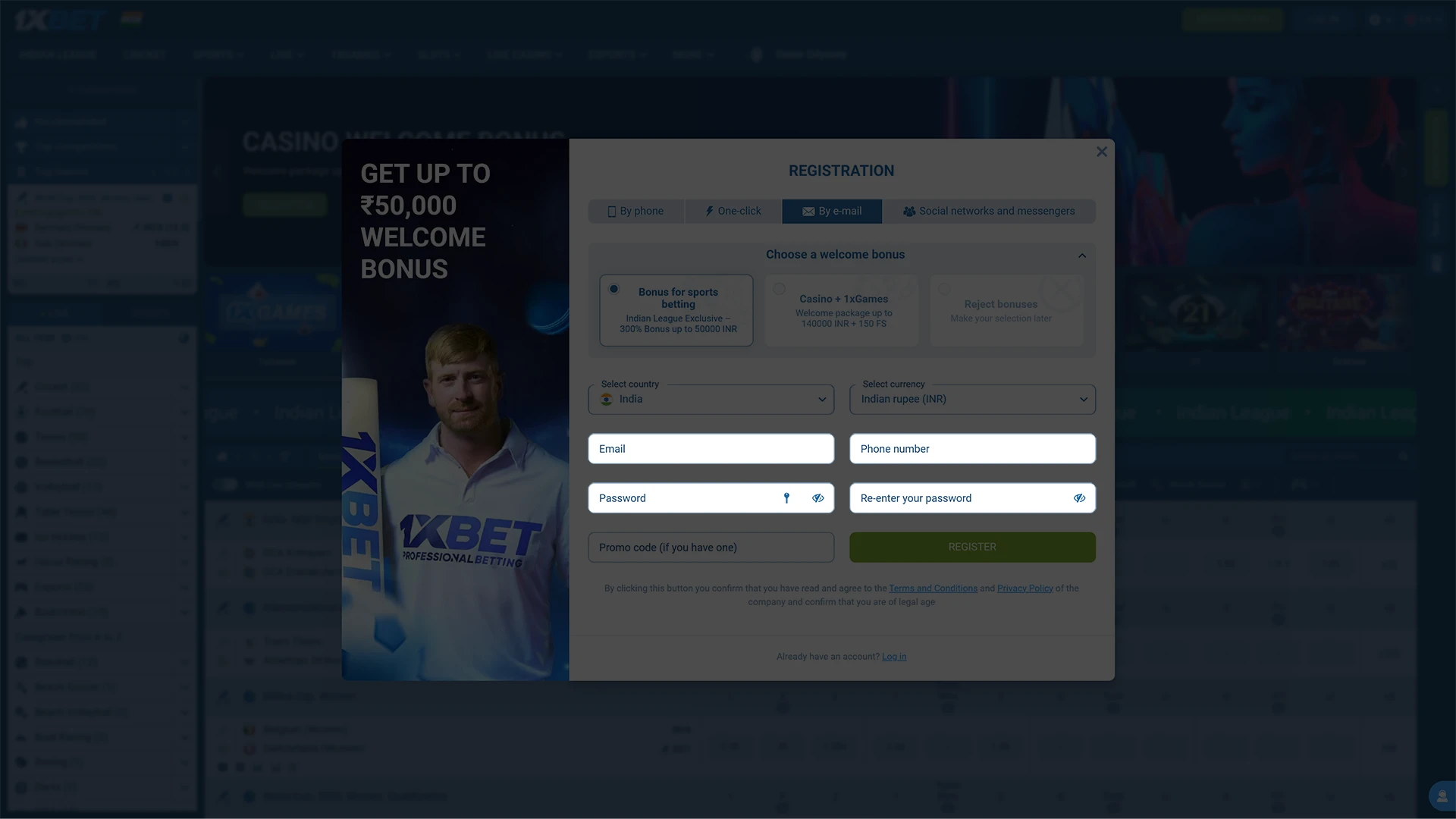 Fill in your details to create a 1xBet account.