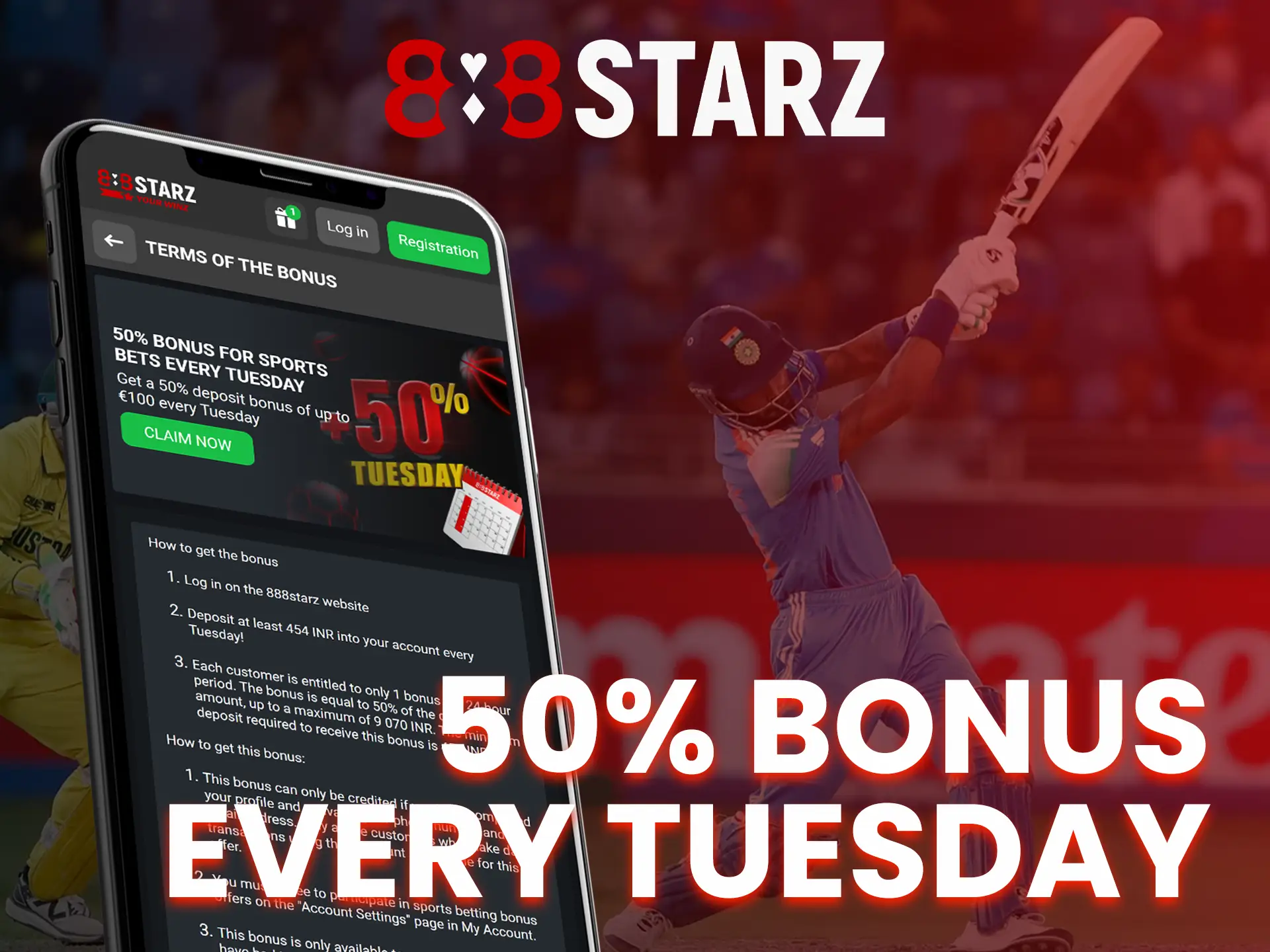 Get a deposit bonus of up to 50% every Tuesday at 888Starz.