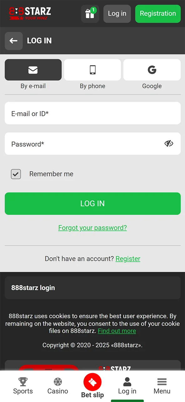 Log in to your 888Starz account or create a new one.