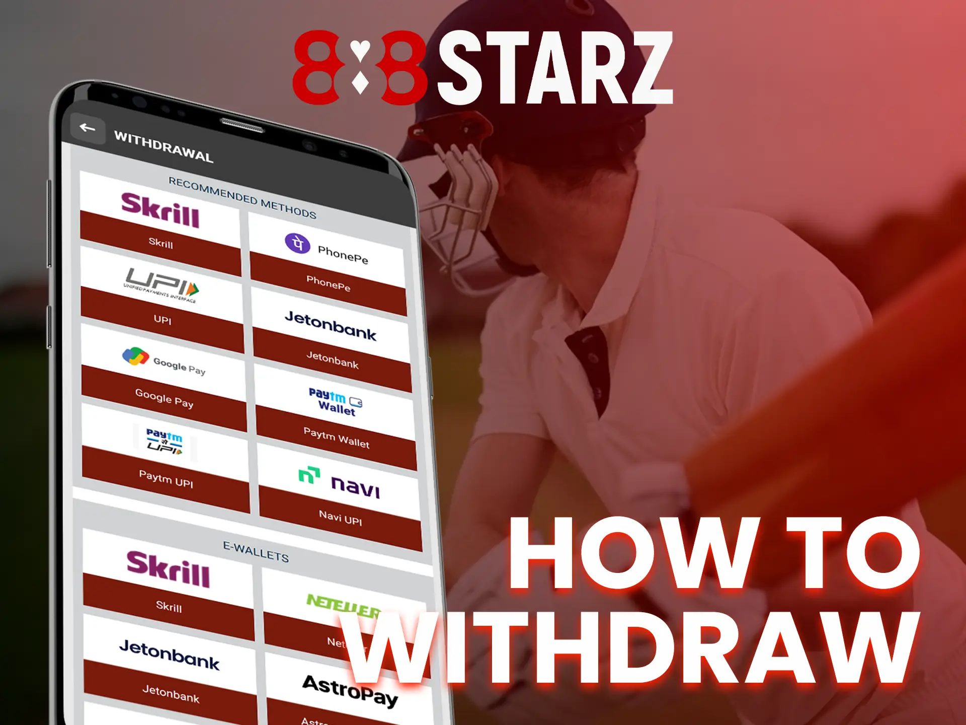 Choose a suitable method and specify the amount to withdraw funds from 888Starz.