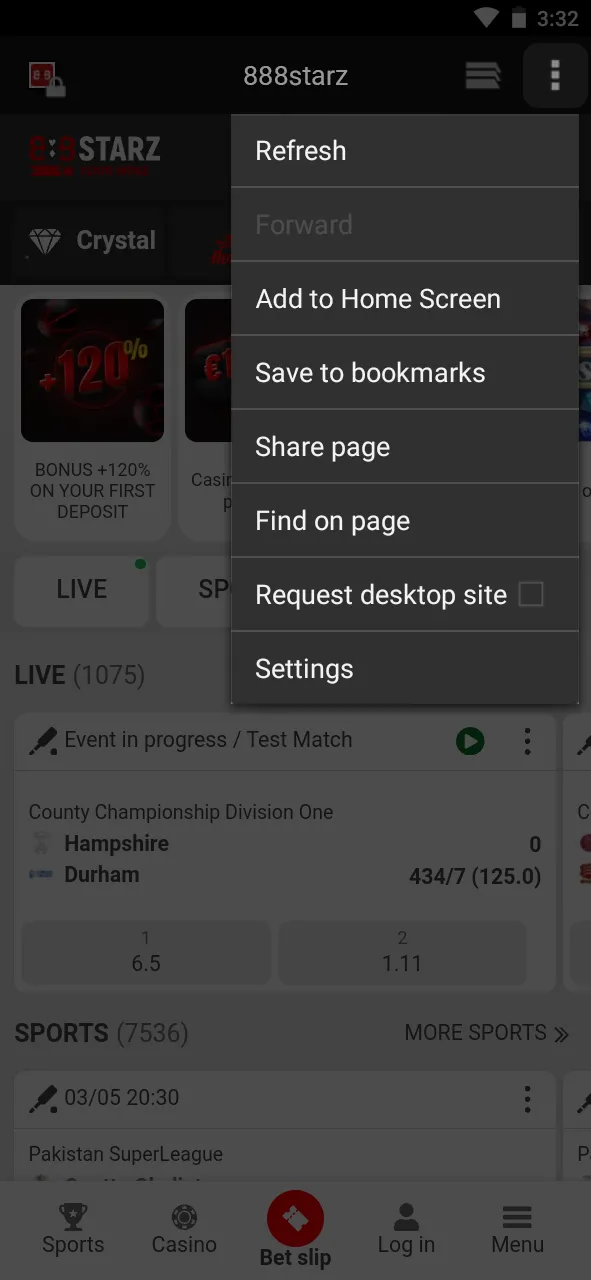 Access the browser menu while visiting the 888Starz website.