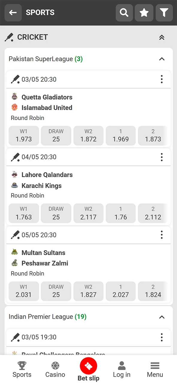 Cricket betting on the 888Starz app.