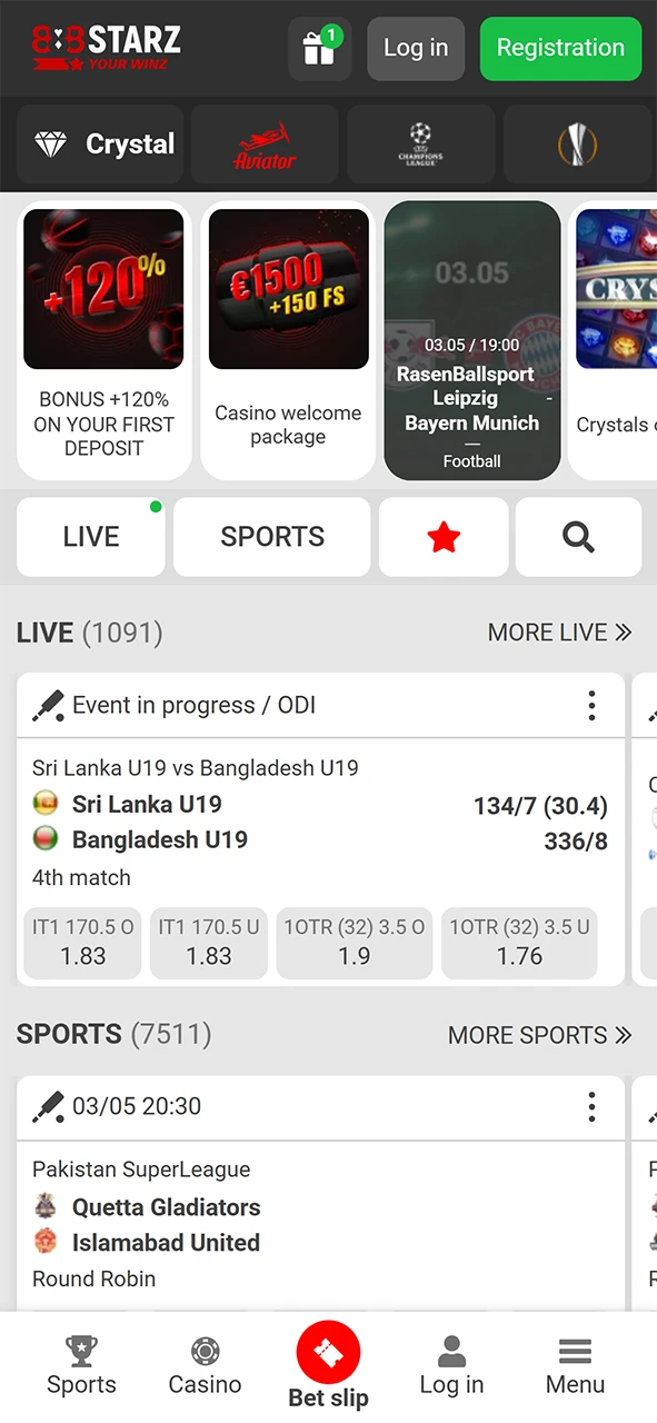 888Starz app home page.