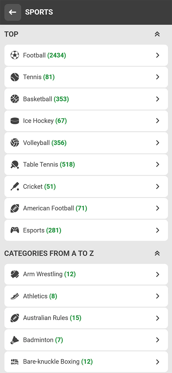 The sports section of the 888Starz app.