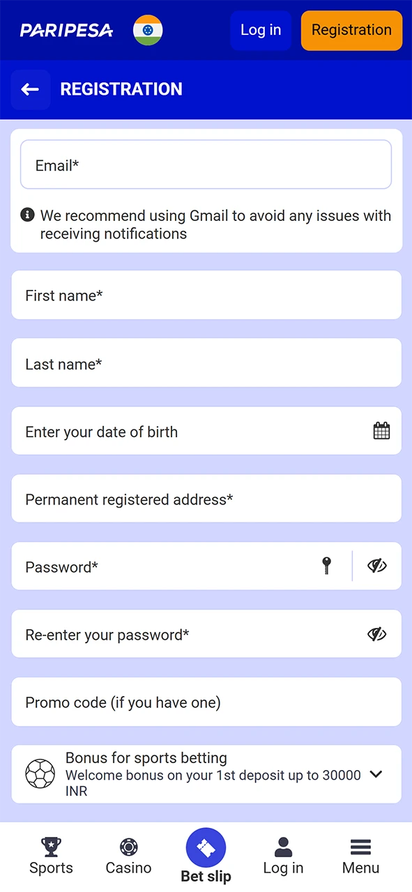 Enter your Paripesa account information.