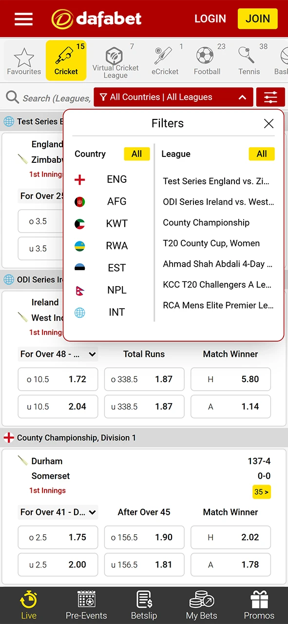 The sports section on the Dafabet app.