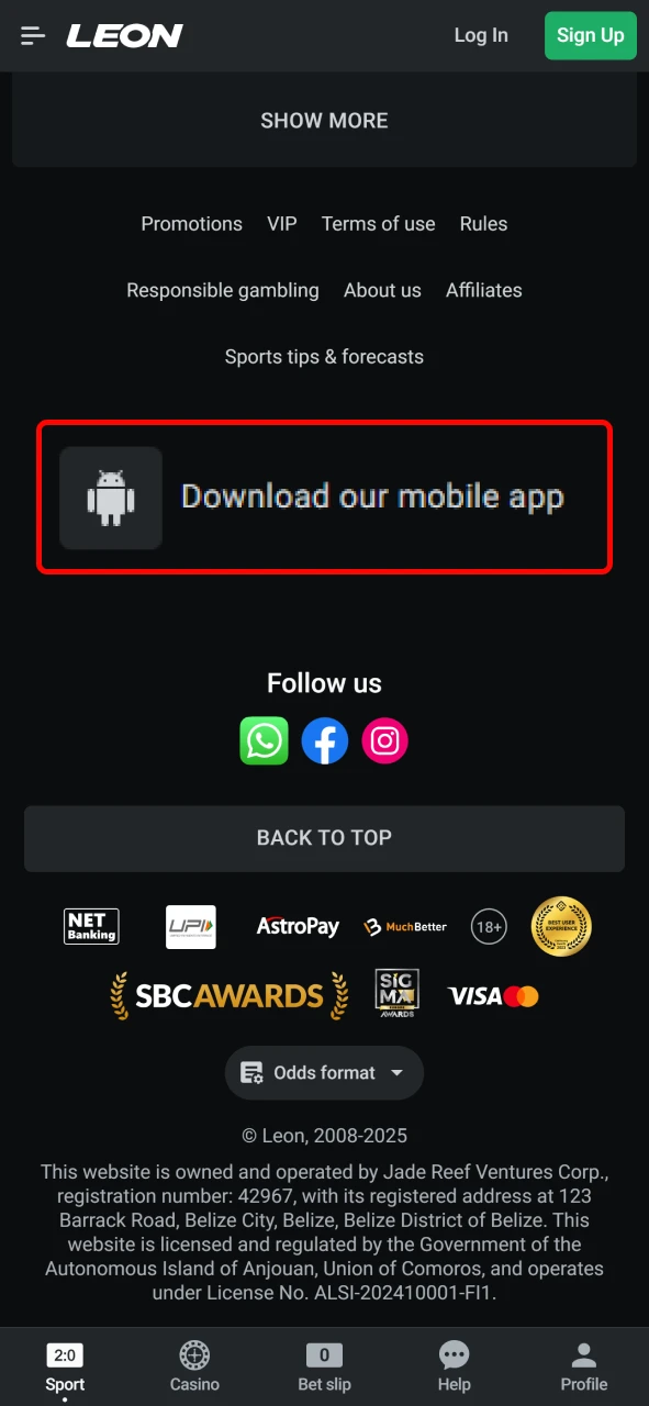 Download the updated Leon Bet Android app for better performance.
