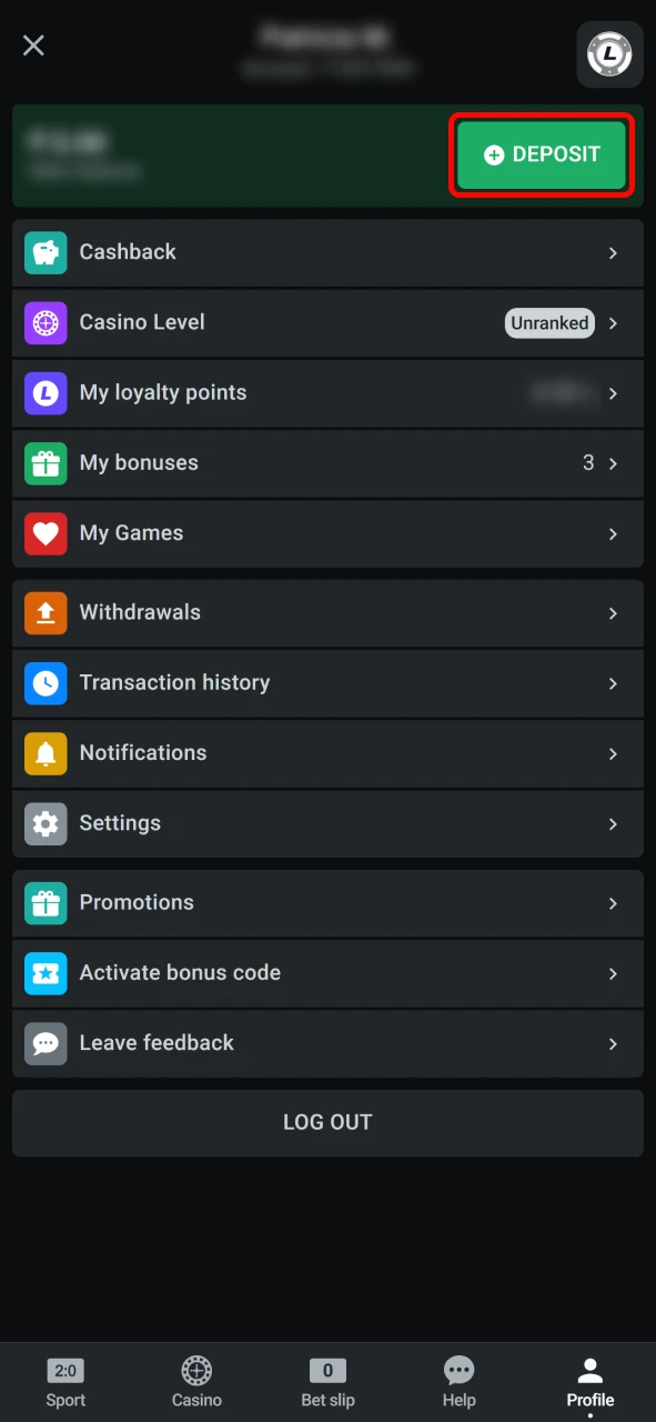 Click the deposit button in Leon Bet app to fund your account.