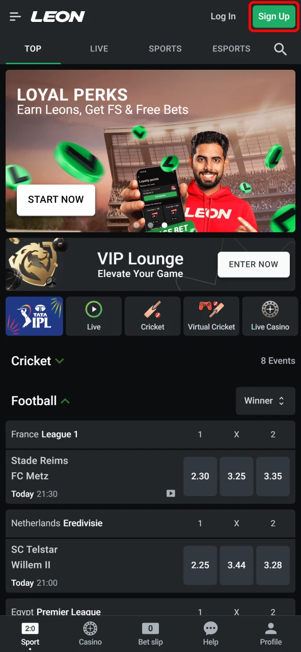 Locate the registration button within the Leon Bet app to sign up.