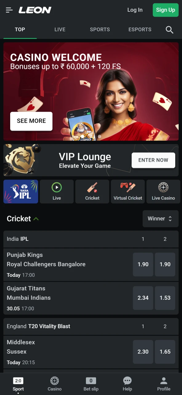 Main page of Leon Bet app showcasing current promotions and betting options.