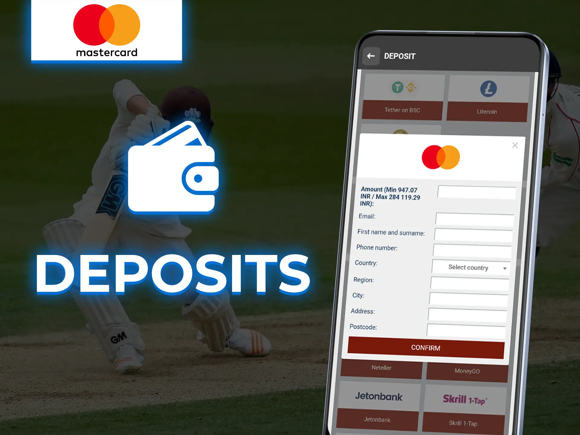 Select Mastercard, enter your card details and deposit funds.