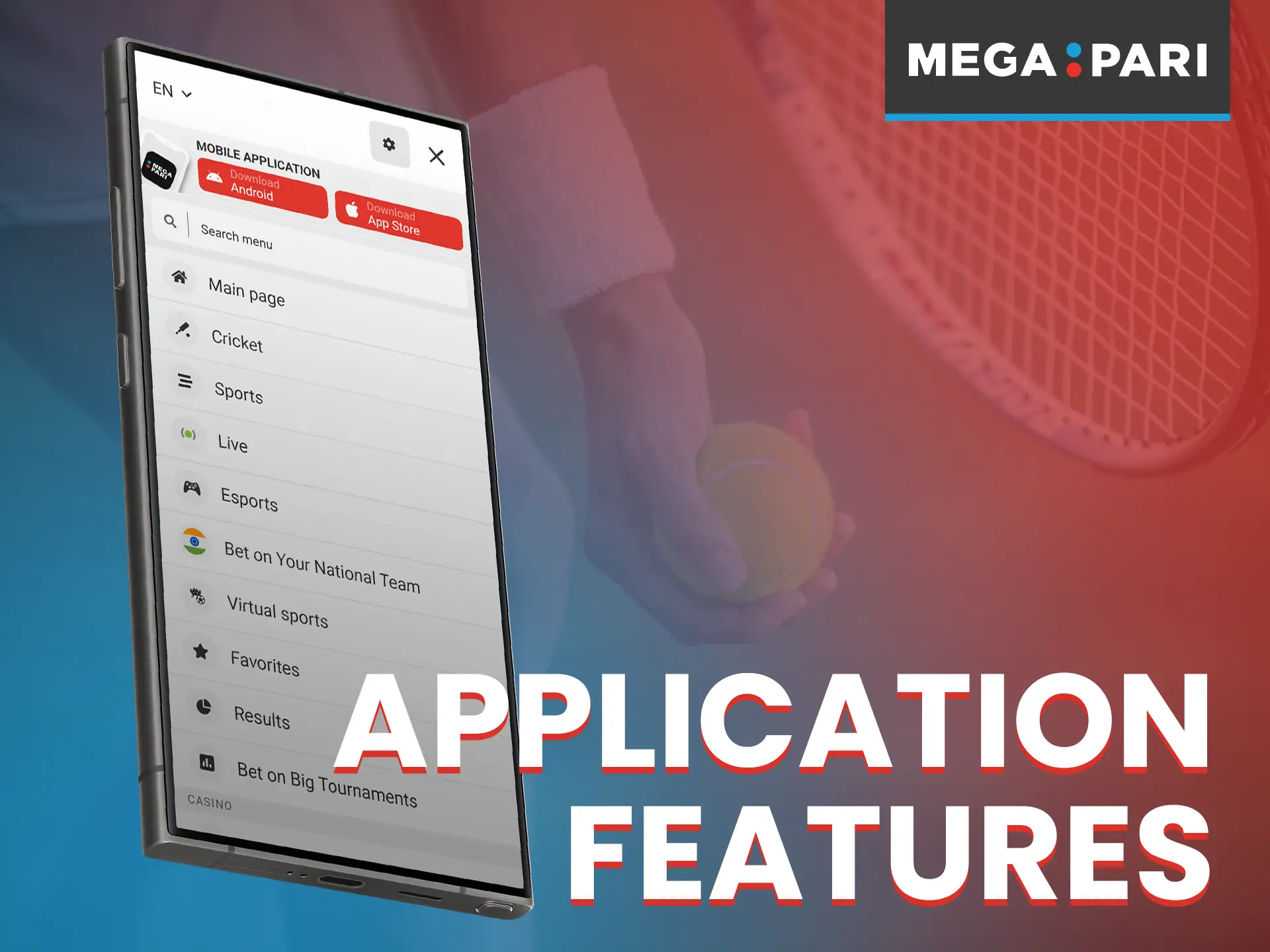 The Megapari mobile app offers all the features for sports betting and casino games.